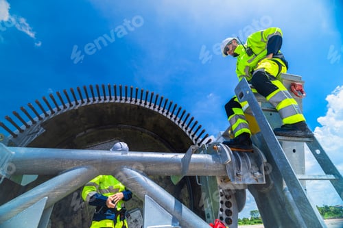 Preview: Industrial engineers conducting a structural integrity audit on the root end and bolt connections of