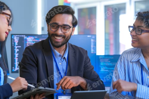 Preview: A diverse group of young IT colleagues smiling confidently at the camera as a team, smiling together