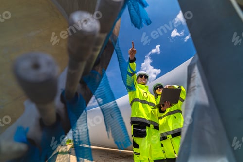 Preview: Two engineers in safety gear inspecting a wind turbine blade section on a construction site. They ex