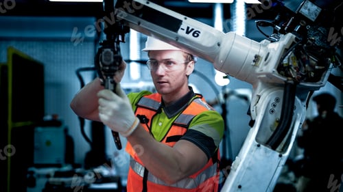 Preview: A male engineer in a hard hat and safety vest performs maintenance on a large industrial robotic arm