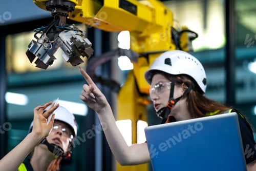 Preview: Focused female robotics engineers in safety gear inspecting and programming a robotic arm in a high