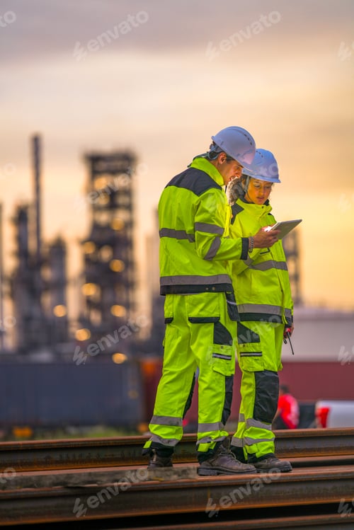 Preview: Two industrial workers in high-visibility safety uniforms discuss work plans on-site during golden h
