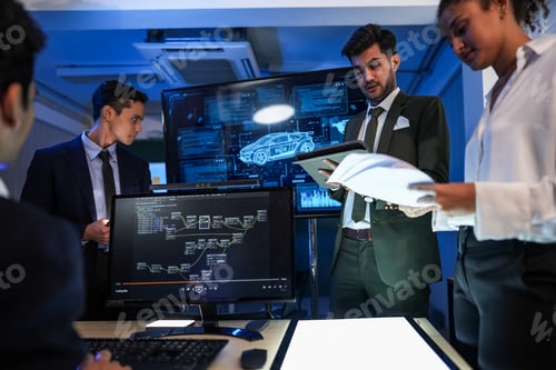 Preview: Diverse IT specialists monitoring real-time AI performance metrics on dashboards in a modern securit