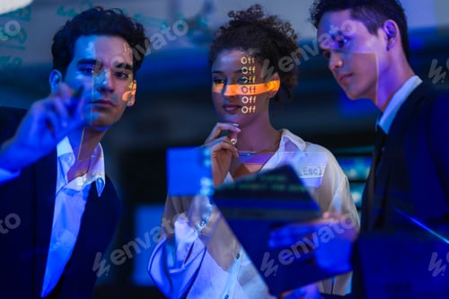 Preview: Close-up of a professional team member interacting with digital notes during a collaborative strateg