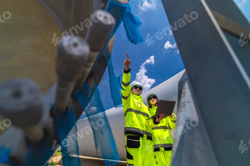 Preview: Two engineers in safety gear inspecting a wind turbine blade section on a construction site. They ex