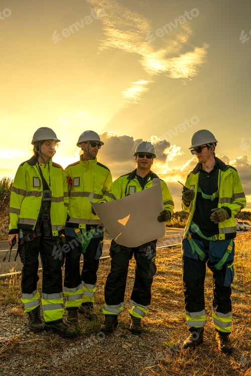 Preview: Wind energy engineering team planning sustainable grid infrastructure at sunset.