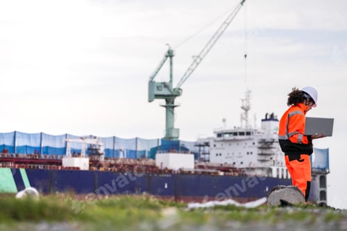 Preview: Two port engineers in high-visibility orange uniforms and hard hats communicate while inspecting doc