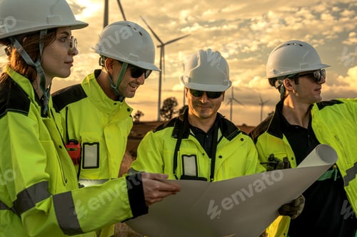 Preview: Wind energy engineering team planning sustainable grid infrastructure at sunset.