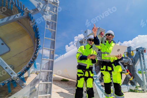 Preview: Two engineers in safety gear inspecting a wind turbine blade section on a construction site. They ex