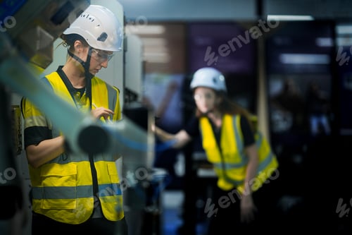 Preview: Professional female engineer in safety helmet using a digital tablet to monitor and control robotic