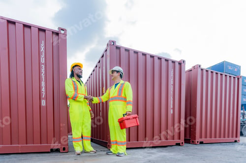 Preview: Asian and African American logistics experts having a productive discussion at a container depot. Si