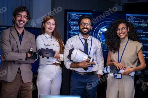 Preview: Group portrait of successful multiethnic engineering partners holding a bionic arm and vr headset, s