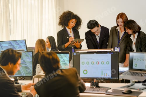Preview: Multiethnic AI security squad analyzing threat intelligence in a bright SOC. Diverse IT experts coll