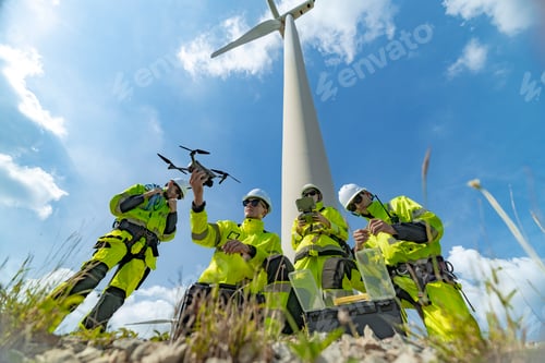 Preview: Engineers at a wind farm use a drone for inspection near a wind turbine. The image highlights the us