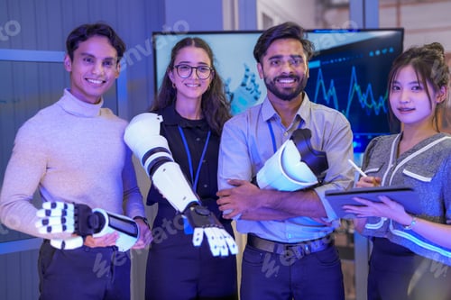 Preview: A dynamic team of software developers standing together in a high-tech laboratory while showcasing a
