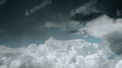 Preview: Thick clouds gather in the sky, creating a contrast between dark and light shades. The scene suggest