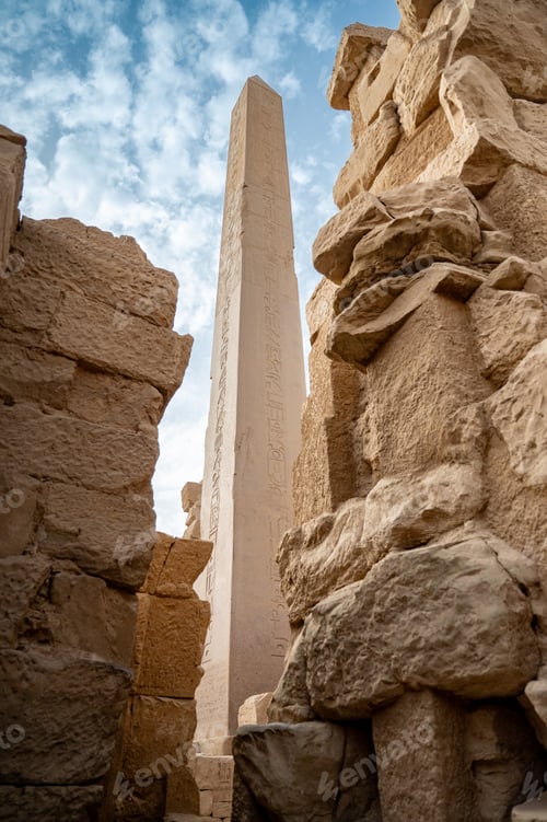 Preview: Ancient Egyptian obelisk with hieroglyphs rising between stone ruins at Karnak Temple, Luxor