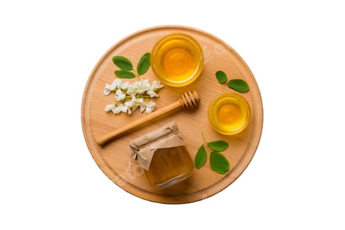 Preview: Honey Jar With Acacia Flowers and Leaves Isolated on White Background. Fresh Honey Top View Flat Lay