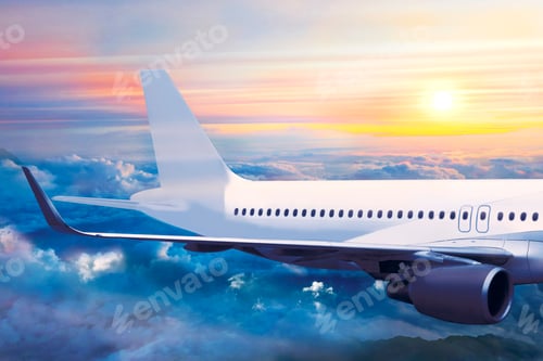 Preview: Passenger plane flight above clouds. Airplane wing side view with empty space mockup
