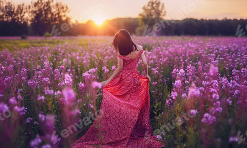 Preview: Young woman in long dress walks through blooming flower field. Spring and summer concept