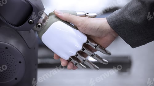 Preview: AI Robot shaking hands with man. Close up shaking hand with robotic arm