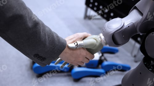 Preview: AI Robot shaking hands with man. Close up shaking hand with robotic arm