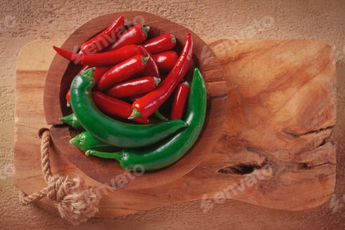 Preview: Fresh green and red peppers arranged in a wooden bowl on a rustic wooden board placed on a textured