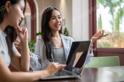 Preview: Smart Asian woman explaining project on laptop screen to her colleague in cafe.