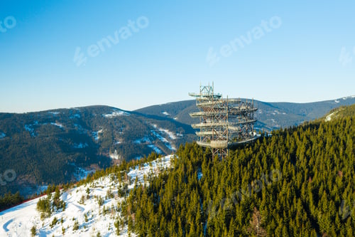 Preview: Aerial view of Sky Bridge 721 and Sky Walk tower at Dolni Morava Ski Resort in the Czech Republic.