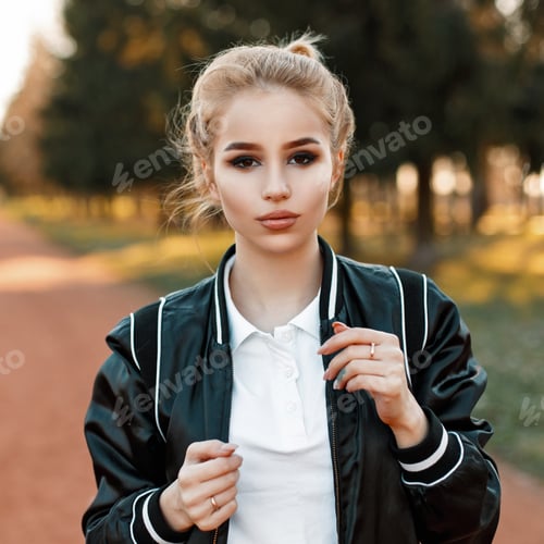 Preview: Stylish young woman in a black jacket and white polo shirt on a sunny day