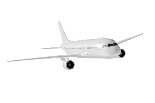 Preview: Blank white commercial airplane flying in the sky, three-quarter view. Isolated generic passenger ai