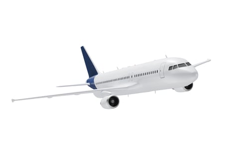 Preview: Commercial airplane flying in the sky, three-quarter view. Isolated generic passenger aircraft with