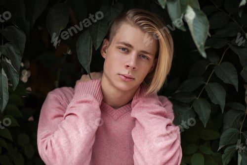 Preview: Handsome young stylish man with a hairstyle in a pink fashion sweater near a green foliage