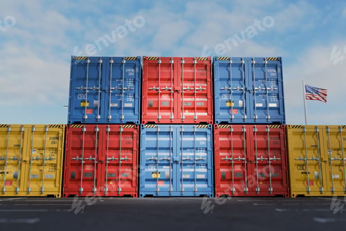 Preview: Stacked blue, red, and yellow cargo containers against a blue sky with the US flag. Concept of Ameri