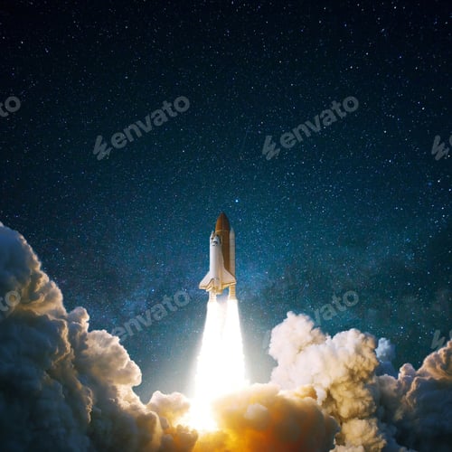 Preview: Spacecraft flies up into the starry sky. Rocket with smoke flies into space. Space Shuttle
