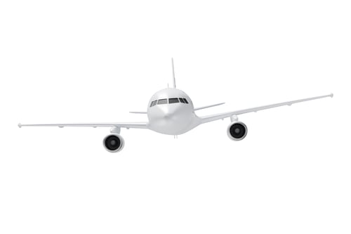 Preview: Front view of a white commercial airplane flying forward. Generic passenger jet airliner isolated on