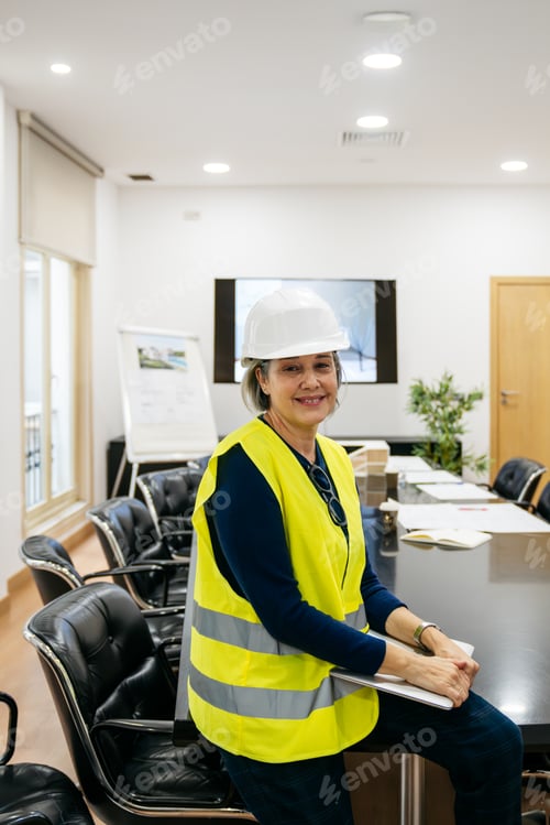 Preview: Businesswoman wearing hard hat and safety vest in office