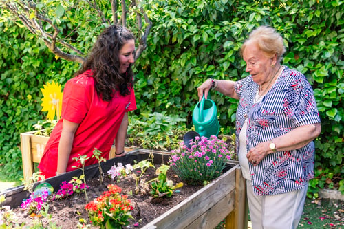 Preview: Senior woman gardening with caregiver in nursing home