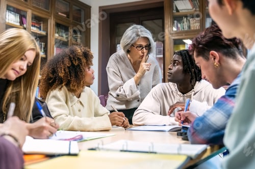 Preview: Teacher shushing students during library study group