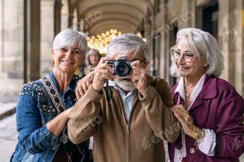 Preview: Friends seniors group enjoying photography during travel