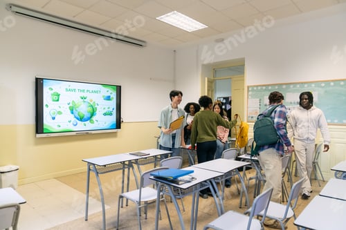 Preview: Diverse students entering classroom for sustainability lesson