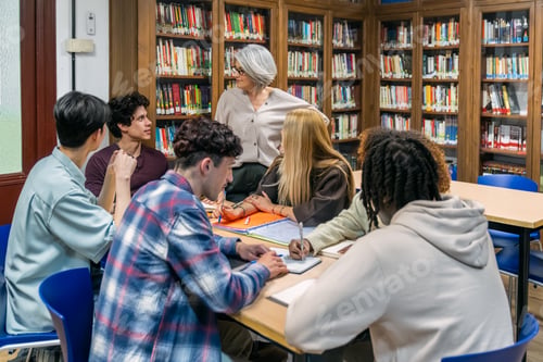 Preview: Diverse high school students studying with teacher in library