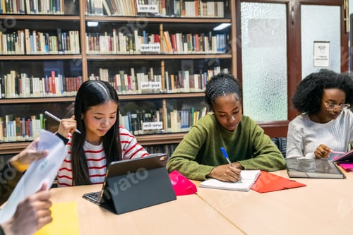 Preview: Diverse students studying together in college library