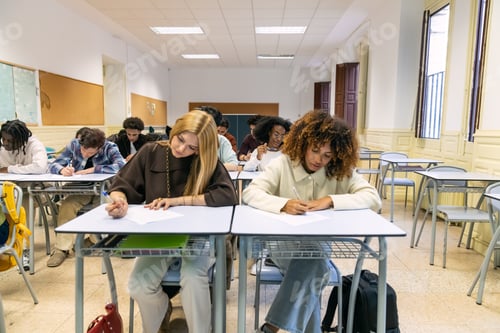 Preview: Diverse students focusing on an exam in classroom