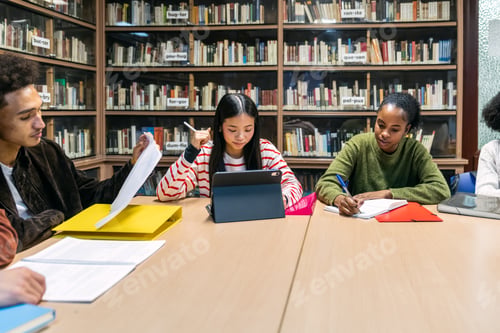 Preview: Diverse students studying together in a university library
