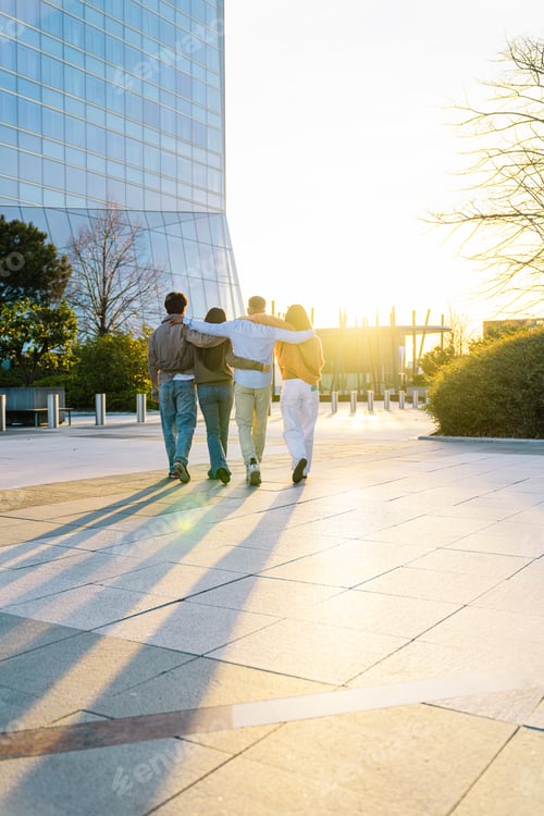 Preview: Friends walking together on urban sunset street