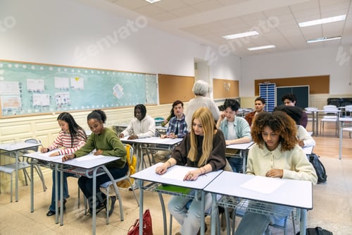 Preview: Diverse students taking exam in school classroom
