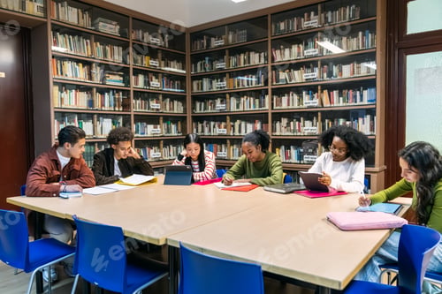 Preview: Diverse students studying together in college library