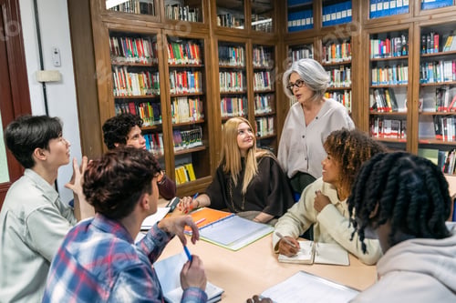 Preview: Diverse students learning with teacher in library