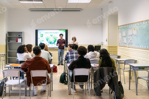 Preview: Students learning environmental sustainability during classroom presentation